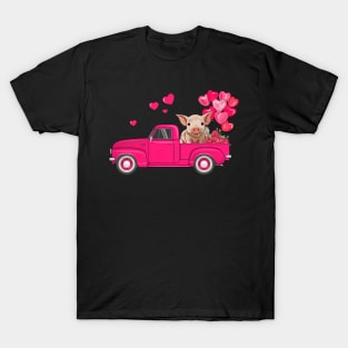 Funny Farm Truck With Pig _ Heart Balloons Valentines Day T-Shirt
